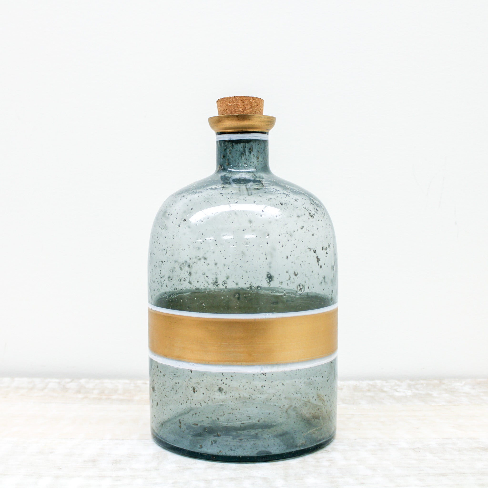 Vintage Aqua Glass Cork Top Bottle, square thick glass storage bottle