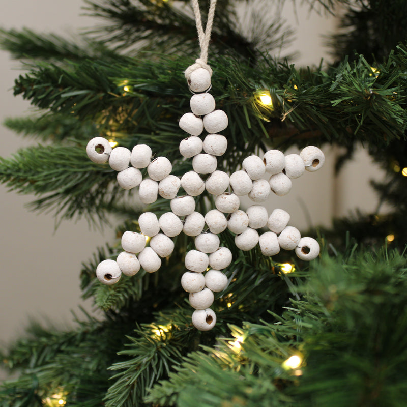 5" Wood Bead Star Ornament- White
