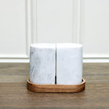 Marble Salt & Pepper Shakers w/ Acacia Wood Tray, White & Natural, Set of 3
