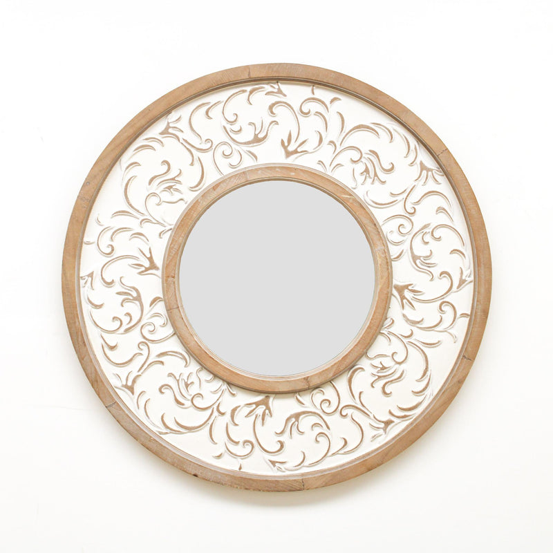 31.5 Inch Natural & Whitewashed Ornate Round Mirror