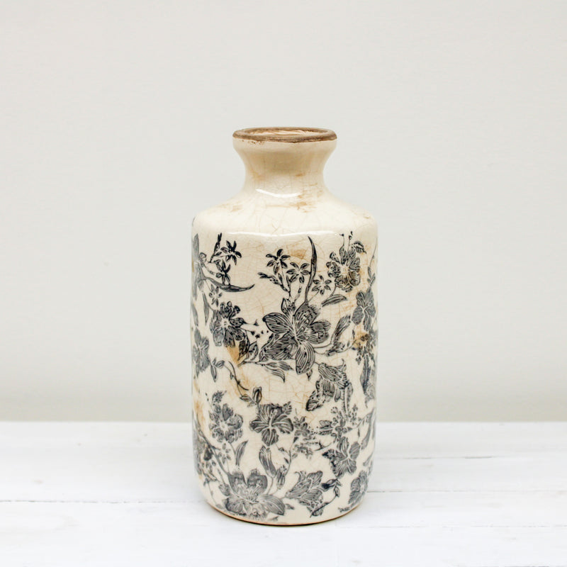 10.5 inch White & Gray Floral Ceramic Vase