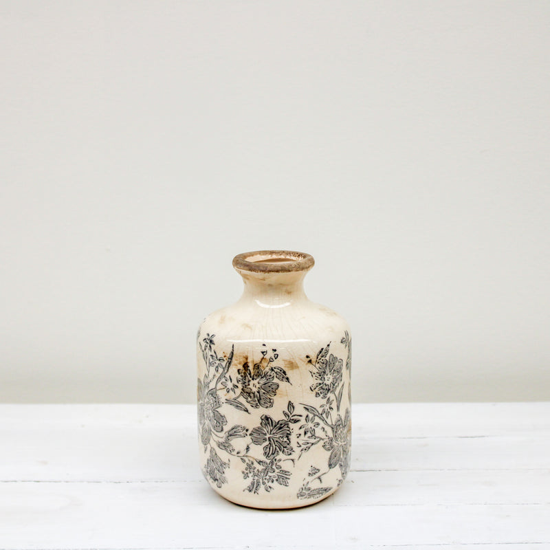 6.75 inch White & Gray Floral Ceramic Vase