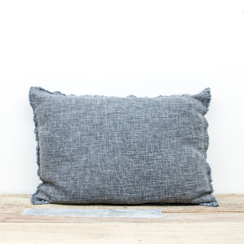 Gray Linen Blend Lumbar Pillow with Frayed Edges