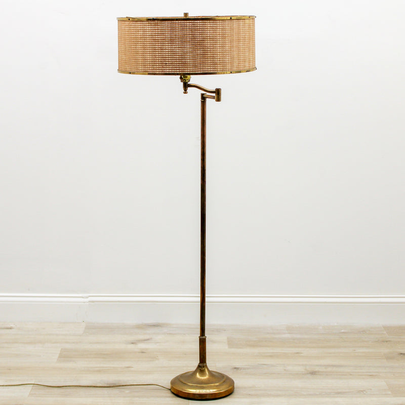 MCM Swing Arm Brass Lamp with Rattan Shade