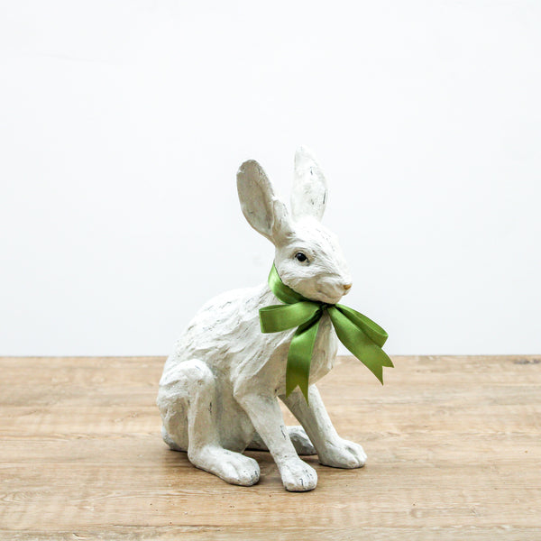 11.5 Inch Sitting White Rabbit with Green Ribbon Bow