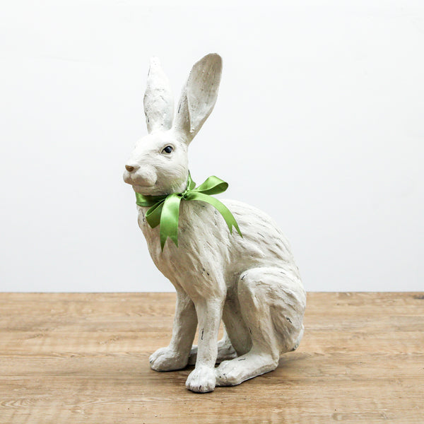15.5 Inch Sitting White Rabbit with Green Ribbon Bow