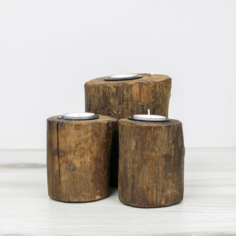 Reclaimed Wood and Tealight Holders, Set of 3