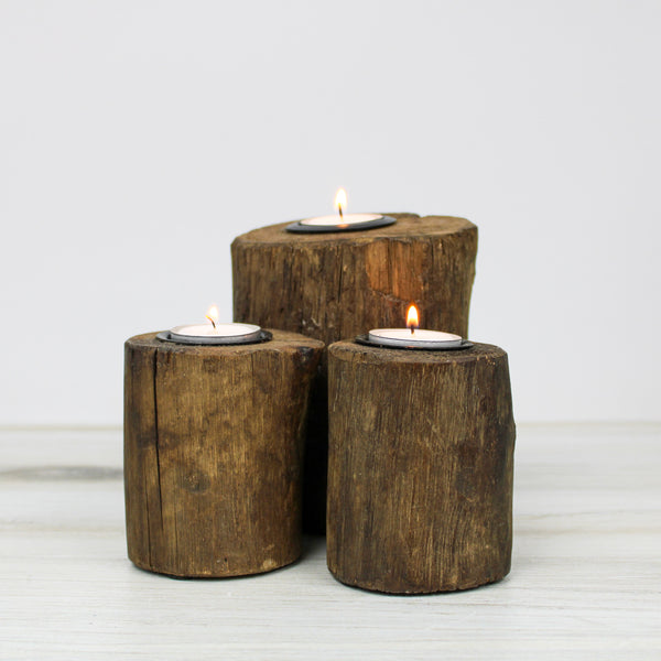 Reclaimed Wood and Tealight Holders, Set of 3