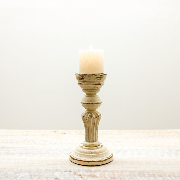 Small Distressed Cream Wood Column Candleholder