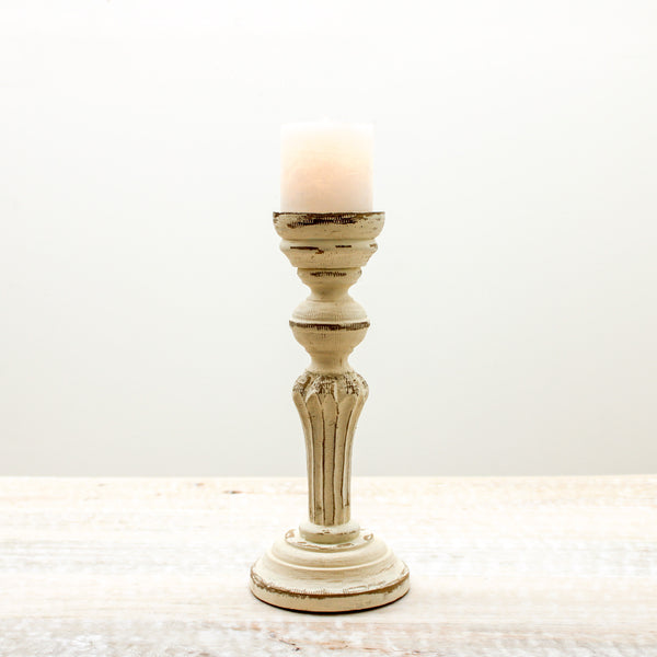Medium Distressed Cream Wood Candleholder