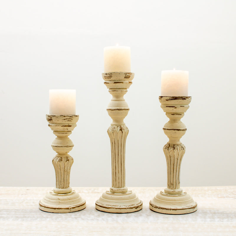 Large Distressed Cream Wood Column Candleholder