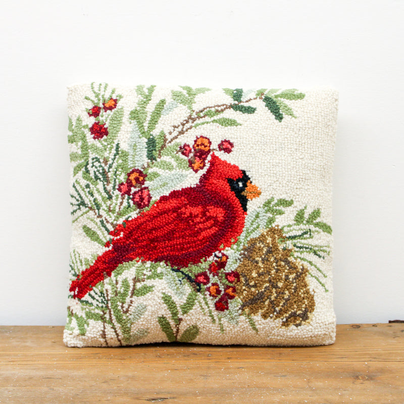Winter Cardinal Hook Pillow 16x16"