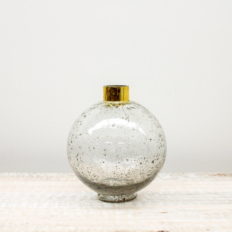 11.25 Inch Round Bubbled Glass Vase w/Gold Rim