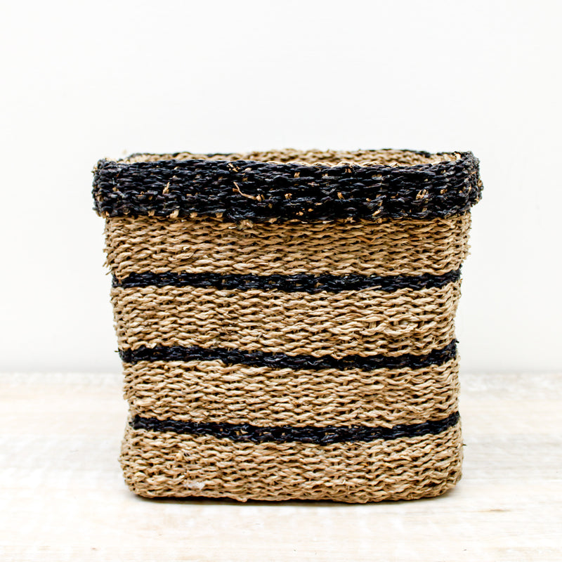 Large Black Striped Square Seagrass Basket