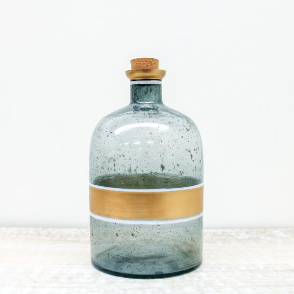 Aqua Crackled Glass Corked Bottles w/Gold Top & Center Stripe