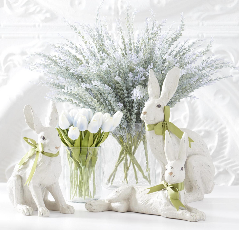 11.5 Inch Sitting White Rabbit with Green Ribbon Bow