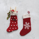 Cotton Knit Stocking w/ Snowflake, Red & Cream