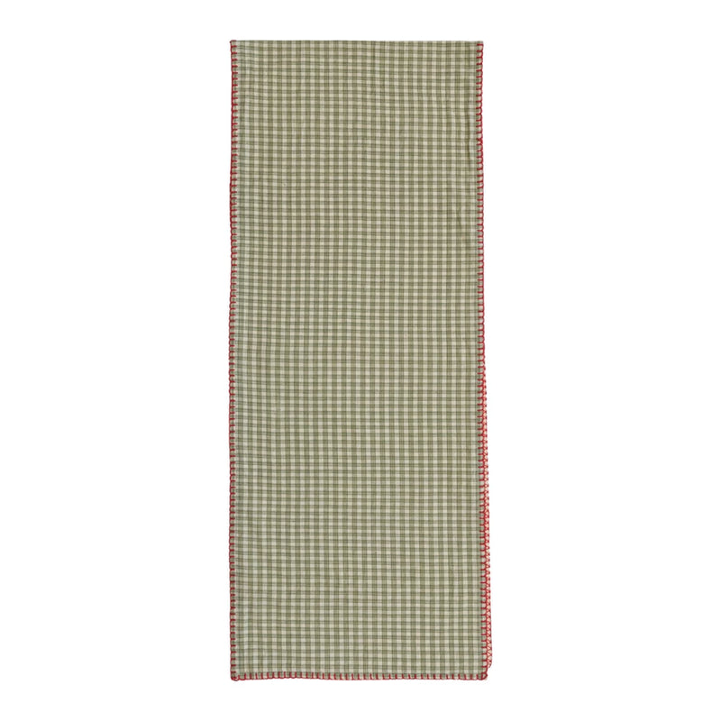 Cotton Table Runner w/ Red Blanket Stitch, Green Plaid