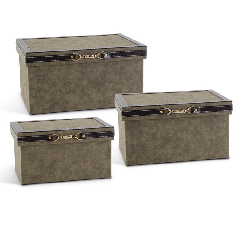 Set of 3 Green Faux Leather Nesting Boxes with Gold Horse Bit