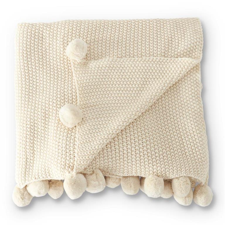 64 Inch Cream Moss Stitch Knit Throw w/Pompom Trim