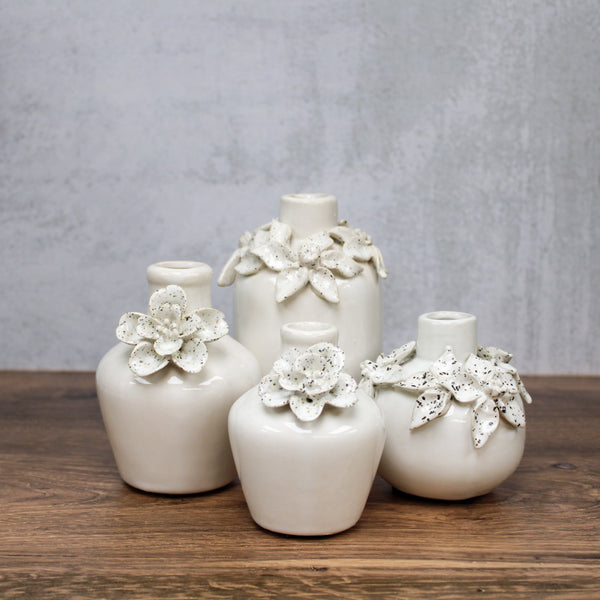 5 Inch White Ceramic Vase w/Raised Flowers
