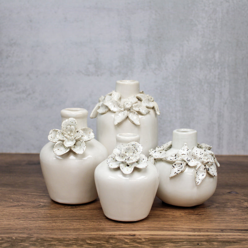 6.25 Inch White Ceramic Vase w/Raised Flowers