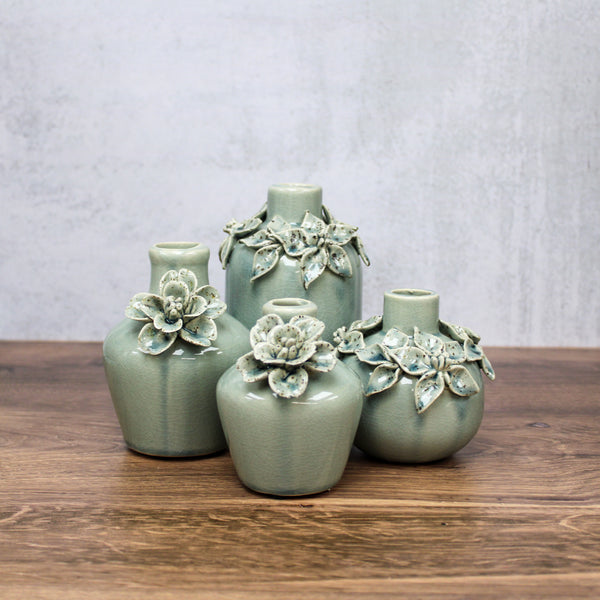 6.25 Inch Light Blue Ceramic Vase w/Raised Flowers