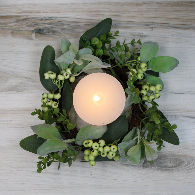 13 Inch Mixed Green Foliage w/Berries Candle Ring (6"Dia.)