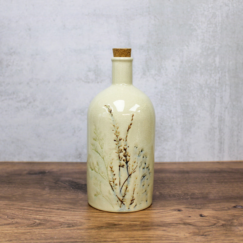 Porcelain Bottle w Cork Stopper w Flower, Crackle Finish