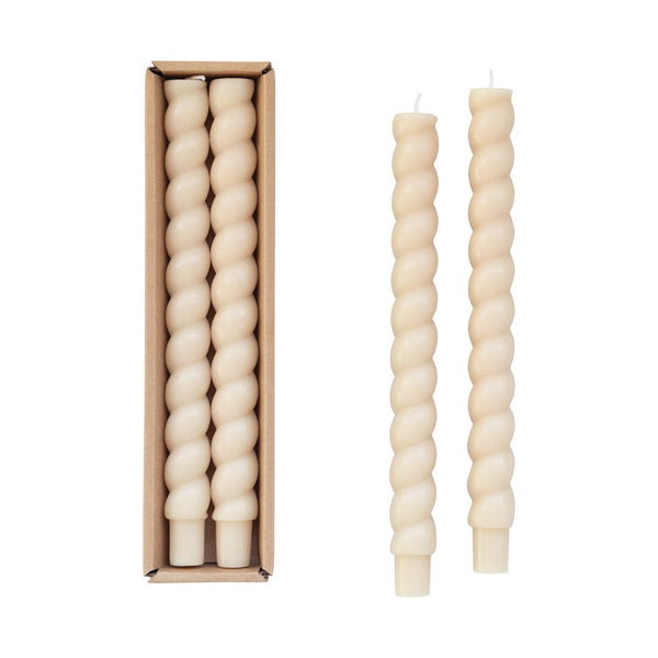 Unscented Twisted Taper Candles In Box, Cream Color, Set of 2